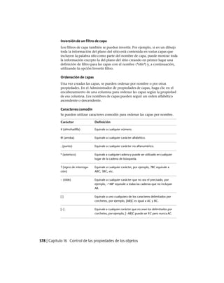 Inversión de un filtro de capa
Los filtros de capa también se pueden invertir. Por ejemplo, si en un dibujo
toda la información del plano del sitio está contenida en varias capas que
incluyen la palabra sitio como parte del nombre de capa, puede mostrar toda
la información excepto la del plano del sitio creando en primer lugar una
definición de filtro para las capas con el nombre (*sitio*) y, a continuación,
utilizando la opción Invertir filtro.
Ordenación de capas
Una vez creadas las capas, se pueden ordenar por nombre o por otras
propiedades. En el Administrador de propiedades de capas, haga clic en el
encabezamiento de una columna para ordenar las capas según la propiedad
de esa columna. Los nombres de capas pueden seguir un orden alfabético
ascendente o descendente.
Caracteres comodín
Se pueden utilizar caracteres comodín para ordenar las capas por nombre.
DefiniciónCarácter
Equivale a cualquier número.# (almohadilla)
Equivale a cualquier carácter alfabético.@ (arroba)
Equivale a cualquier carácter no alfanumérico.. (punto)
Equivale a cualquier cadena y puede ser utilizado en cualquier
lugar de la cadena de búsqueda.
* (asterisco)
Equivale a cualquier carácter, por ejemplo, ?BC equivale a
ABC, 3BC, etc.
? (signo de interroga-
ción)
Equivale a cualquier carácter que no sea el precisado, por
ejemplo, ~*AB* equivale a todas las cadenas que no incluyan
AB.
~ (tilde)
Equivale a uno cualquiera de los caracteres delimitados por
corchetes, por ejemplo, [AB]C es igual a AC y BC.
[ ]
Equivale a cualquier carácter que no sean los delimitados por
corchetes, por ejemplo, [~AB]C puede ser XC pero nunca AC.
[~]
578 | Capítulo 16 Control de las propiedades de los objetos
Ofrecido por www.electromanuales.com
 