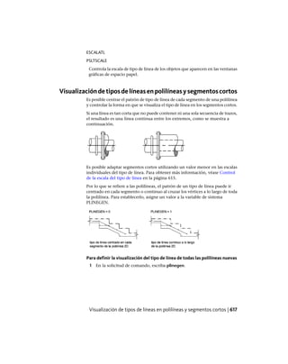 ESCALATL
PSLTSCALE
Controla la escala de tipo de línea de los objetos que aparecen en las ventanas
gráficas de espacio papel.
Visualizacióndetiposdelíneasenpolilíneasysegmentoscortos
Es posible centrar el patrón de tipo de línea de cada segmento de una polilínea
y controlar la forma en que se visualiza el tipo de línea en los segmentos cortos.
Si una línea es tan corta que no puede contener ni una sola secuencia de trazos,
el resultado es una línea continua entre los extremos, como se muestra a
continuación.
Es posible adaptar segmentos cortos utilizando un valor menor en las escalas
individuales del tipo de línea. Para obtener más información, véase Control
de la escala del tipo de línea en la página 615.
Por lo que se refiere a las polilíneas, el patrón de un tipo de línea puede ir
centrado en cada segmento o continuo al cruzar los vértices a lo largo de toda
la polilínea. Para establecerlo, asigne un valor a la variable de sistema
PLINEGEN.
Para definir la visualización del tipo de línea de todas las polilíneas nuevas
1 En la solicitud de comando, escriba plinegen.
Visualización de tipos de líneas en polilíneas y segmentos cortos | 617
Ofrecido por www.electromanuales.com
 