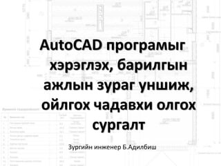 AutoCAD програмыг
хэрэглэх, барилгын
ажлын зураг уншиж,
ойлгох чадавхи олгох
сургалт
Зургийн инженер Б.Адилбиш
 