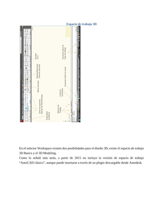 Espacio de trabajo 3D
En el selector Workspace existen dos posibilidades para el diseño 3D, existe el espacio de trabajo
3D Basics y el 3D Modeling.
Como lo señalé más atrás, a partir de 2015 no incluye la versión de espacio de trabajo
“AutoCAD clásico”, aunque puede insertarse a través de un plugin descargable desde Autodesk.
 