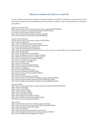 Diferentes extensiones de archivos en AutoCAD
Lista de extensiones de archivo relacionadas con los productos basados en AutoCAD. A continuación, se muestra una lista de las
extensiones o los tipos de archivo más habituales que se crean al utilizar el producto, o que un usuario puede crear o personalizar
para ampliarlo.
Archivos de normas de CAD
DIM: archivo de estilo de cota exportado (Express Tools: comandos DIMEX/DIMIM)
LAS: archivo de estado de capa exportado (comando ESTADOCAPAS)
LIN: archivo de tipo de línea (comando TIPOLIN)
MLN: archivo de estilo de línea múltiple (comando LINEAM)
PAT: archivo de patrón de sombreado (comando SOMBREA).
Archivos de personalización
ACTM: archivo de macro de acciones (comando ACTRECORD)
ARX: archivo de ObjectARX
ATC: archivo de catálogo de paletas de herramientas
BMP: archivo de mapa de bits con archivos de personalización
CUI: archivo de personalización (comando IUP)
CUIx: archivo de personalización (comando IUP)
CRX: archivo de extensión del tiempo de ejecución de la consola; similar a un archivo ARX, pero sin interfaz de usuario
DBX: archivo de ObjectDBX
DCE: archivo de registro de errores de diálogo
DCL: archivo de lenguaje de control de cuadros de diálogo
DLL: biblioteca de recursos de menú o conjunto de .NET
DVB: archivo de proyecto VBA (comando VBAIDE)
FAS: archivo de AutoLISP de carga rápida
LSP: archivo de origen de AutoLISP
MNL: archivos LISP de menú
MNS: archivos de menús de origen heredados
MNU: archivos de plantilla de menús heredados
PGP: parámetros de programa
RX: archivo de cargador de ObjectARX
SCR: archivo de comandos (comando SCRIPT)
SHP: archivo de forma de origen (comando FORMA).
SLB: archivo de fototeca
SLD: archivo de foto (comando SACAFOTO)
VLX: archivo de proyecto de AutoLISP compilado (comando VISUALLISPIDE)
XPG: archivo de grupo de paletas exportado (comando PERSONALIZAR)
XTP: archivo de paleta de herramientas exportado (comando PERSONALIZAR).
Archivos de dibujo
DST: archivo de conjunto de dibujos o conjunto de planos (comando CONJUNTOPLANOS)
DWF: archivo web de dibujo
DWFx: archivo web de dibujo
DWG: archivo de dibujo o bloque
DWS: archivo de normas de dibujo
DWT: archivo de plantilla de dibujo
DXB: archivo binario de intercambio de dibujos
DXF: archivo ASCII o binario de intercambio de dibujos
SV$: archivo de dibujo de guardado automático.
Otros archivos
ACB: archivo de libro de colores de Autodesk (comando COLOR)
ADT: archivo de control de revisiones de AutoCAD (comando REVISION)
ARG: archivo de perfil (comando OPCIONES)
AWS: archivo de perfil fijo
BCL: archivo por lotes de dibujo (aplicación TrueConvert)
BLK: archivo de plantilla de extracción de atributos (comando ATREXT)
CBL: archivo de biblioteca del Navegador de contenido
 