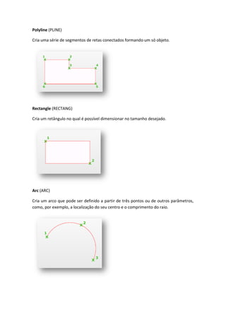 Polyline (PLINE)
Cria uma série de segmentos de retas conectados formando um só objeto.
Rectangle (RECTANG)
Cria um retângulo no qual é possível dimensionar no tamanho desejado.
Arc (ARC)
Cria um arco que pode ser definido a partir de três pontos ou de outros parâmetros,
como, por exemplo, a localização do seu centro e o comprimento do raio.
 