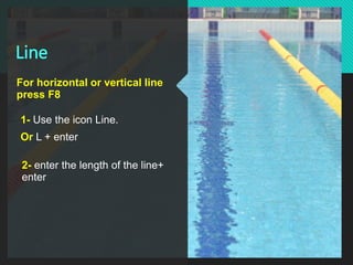 Line
1- Use the icon Line.
Or L + enter
For horizontal or vertical line
press F8
2- enter the length of the line+
enter
 
