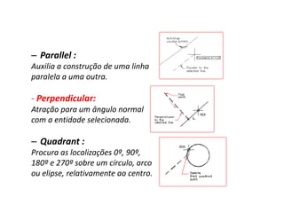 –Parallel : 
Auxilia a construção de uma linha 
paralela a uma outra. 
- Perpendicular: 
Atração para um ângulo normal 
com a entidade selecionada. 
–Quadrant : 
Procura as localizações 0º, 90º, 
180º e 270º sobre um círculo, arco 
ou elipse, relativamente ao centro. 
 