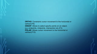 ORTHO: Constrains cursor movement to the horizontal or
vertical.(F8)
OSNAP: Allows to select specify points on an object.
e.g. endpoints, midpoints, intersection etc.(F3)
POLAR: Allows cursor movement to the horizontal or
vertical.(F10)
 
