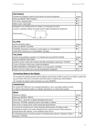 Alexandre Panizza Apostila de AutoCAD 
10 
RECTANGLE 
desenha um retângulo a partir de dois pontos de uma das diagonais mouse 
Selecione DRAW /RECTANGLE  
Fist corner: primeiro lado  
Other corner: outro lado  
Retângulos com medidas pode ser criados co a utilização do @X,Y 
Acione o comando, indique um ponto inicial e digite @distânciaX, distânciaY 
Ponto inicial 
ELLIPSE 
permite desenhar elipses mouse 
Selecione DRAW /ELLIPSE:  
CENTRO: determina-se primeiro o centro depois as “extremidades” 
 
AXIS END: informa-se as “extremidades” da elipse 
POLYGON 
permite gerar polígonos regulares. O comando gera uma polyline fechada mouse 
Selecione DRAW /POLYGON  
Number of sides: Entre com o número de lados do polígono e pressione ENTER  
Center of Polygon: Entre com o centro do polígono  
CIRCUNSCRITO ou INSCRITO: digite C ou I e pressione ENTER  
Radius of Circle: Entre com o raio da circunferência imaginária  
Comandos Básicos de Edição: 
Os comandos de edição permitem alterar objetos que já foram criados ou gerar novos objetos a partir dos 
que já existem. Para isso é necessário selecionar quais os objetos que serão editados. 
Os comandos de edição estão localizados nos menu MODIFY. 
PROPERTIES 
No AutoCAD 2.000 este é um comando paramétrico, isto é, um quadro aparece na tela 
os objetos selecionados podem ser editados alterando-se os valores deste quadro. 
MOVE 
Desloca os objetos mouse 
Selecione MODIFY /MOVE  
Select Object: selecione os objetos desejados para mover  
Pressione ENTER quando já estiver selecionado os objetos  
Base point ou displacement: ponto inicial para deslocamento  
second point of displacement: ponto final para deslocamento. Os objetos serão 
 
deslocados levando-se em conta a distância entre os pontos inicial e final, portanto a 
posição destes não importa, e sim a distância entre eles ou 
Coordenadas polares ou relativas pode ser utilizadas para informar a distância. Digite e 
pressione ENTER 
 
X 
Y 
 