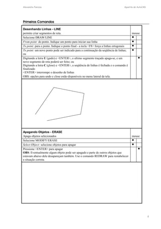 Alexandre Panizza Apostila de AutoCAD 
4 
Primeiros Comandos 
Desenhando Linhas - LINE 
permite criar segmentos de reta. mouse 
Selecione DRAW/LINE  
From point: do ponto. Indique um ponto para iniciar sua linha  
To point: para o ponto. Indique o ponto final - a tecla F8 força a linhas ortogonais  
To point: um novo ponto pode ser indicado para a continuação da seqüência de linhas; 
 
ou 
Digitando a letra U (undo) e ENTER, o ultimo segmento traçado apaga-se, e um 
novo segmento de reta poderá ser feito; ou 
Digitando a letra C (close) e ENTER, a seqüência de linhas é fechada e o comando é 
finalizado 
ENTER interrompe o desenho de linhas 
OBS: opções para undo e close estão disponíveis no menu lateral de tela. 
 
Apagando Objetos - ERASE 
Apaga objetos selecionados mouse 
Selecione MODIFY/ERASE  
Select Object: selecione objetos para apagar  
Pressione ENTER para apagar 
OBS: Eventualmente algum objeto pode ser apagado e parte de outros objetos que 
estavam abaixo dele desapareçam também. Use o comando REDRAW para restabelecer 
a situação correta. 
 
 