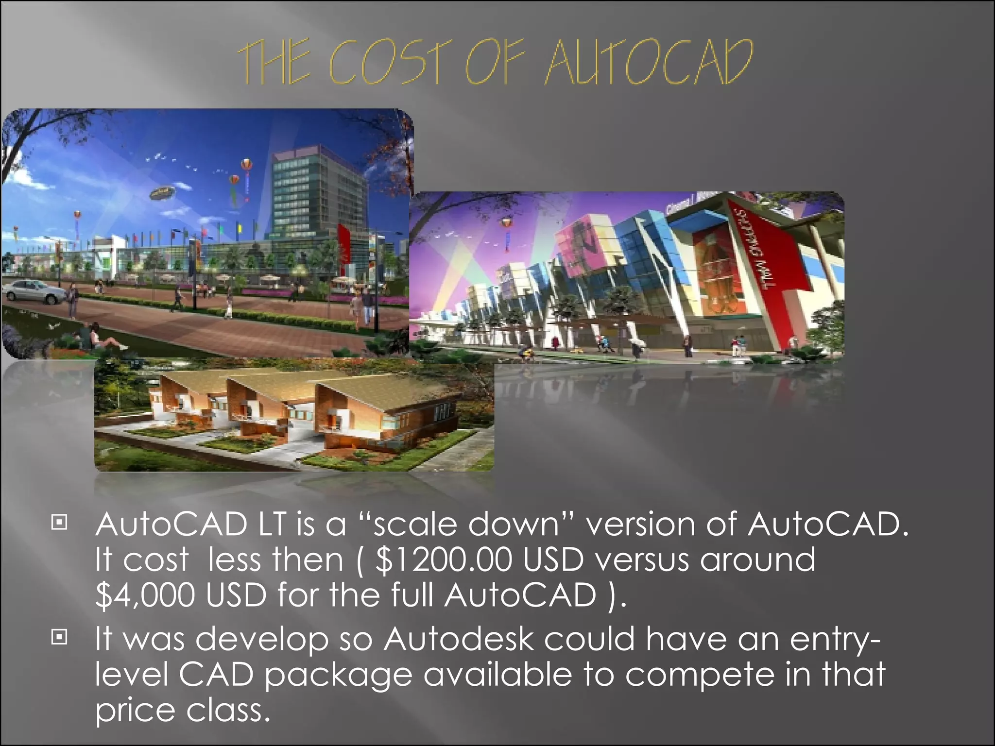 AutoCAD LT is a “scale down” version of AutoCAD. It cost  less then ( $1200.00 USD versus around $4,000 USD for the full AutoCAD ). It was develop so Autodesk could have an entry-level CAD package available to compete in that price class. 