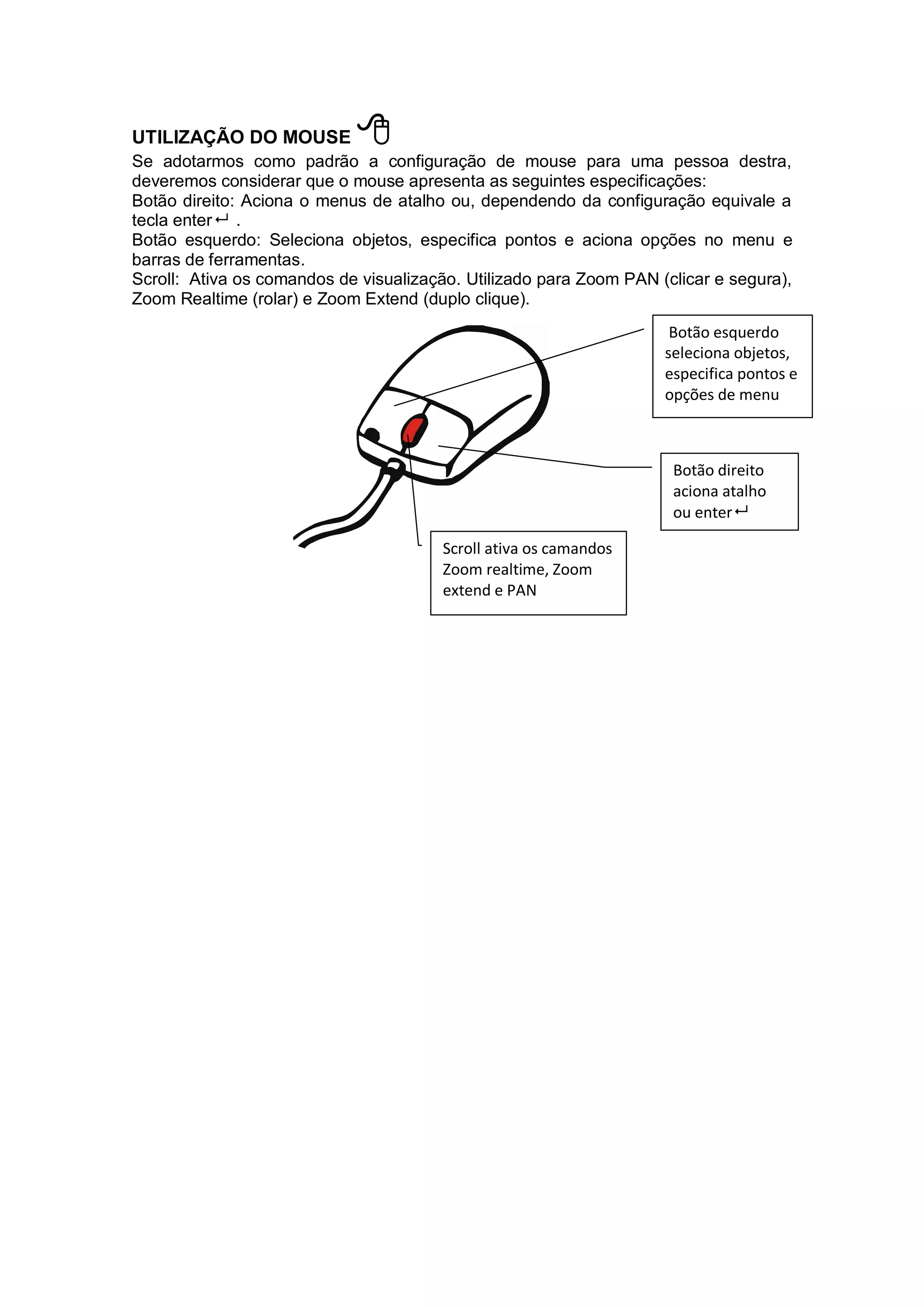 UTILIZAÇÃO DO MOUSE 
Se adotarmos como padrão a configuração de mouse para uma pessoa destra,
deveremos considerar que o mouse apresenta as seguintes especificações:
Botão direito: Aciona o menus de atalho ou, dependendo da configuração equivale a
tecla enter .
Botão esquerdo: Seleciona objetos, especifica pontos e aciona opções no menu e
barras de ferramentas.
Scroll: Ativa os comandos de visualização. Utilizado para Zoom PAN (clicar e segura),
Zoom Realtime (rolar) e Zoom Extend (duplo clique).
Botão direito
aciona atalho
ou enter
Botão esquerdo
seleciona objetos,
especifica pontos e
opções de menu
Scroll ativa os camandos
Zoom realtime, Zoom
extend e PAN
 