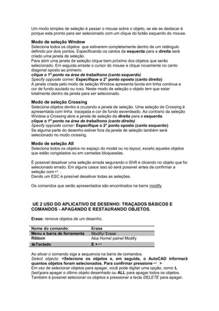 Um modo simples de seleção é passar o mouse sobre o objeto, se ele se destacar é
porque esta pronto para ser selecionado com um clique do botão esquerdo do mouse.
Modo de seleção Window
Seleciona todos os objetos que estiverem completamente dentro de um retângulo
definido por dois pontos. Especificando os cantos da esquerda para a direita será
criado uma janela de seleção.
Para abrir uma janela de seleção clique bem próximo dos objetos que serão
selecionado. Em seguida arraste o cursor do mouse e clique novamente no canto
diagonal oposto ao primeiro.
clique o 1º ponto na área de trabalhono (canto esquerdo)
Specify opposite corner: Especifique o 2° ponto oposto (canto direito)
A janela criada pelo modo de seleção Window apresenta borda em linha continua e
cor de fundo azulado ou roxo. Neste modo de seleção o objeto tem que estar
totalmente dentro da janela para ser selecionado.
Modo de seleção Crossing
Seleciona objetos dentro e cruzando a janela de seleção. Uma seleção de Crossing é
apresentada com linha tracejada e cor de fundo esverdeado. Ao contrario da seleção
Window a Crossing abre a janela de seleção da direita para a esquerda.
clique o 1º ponto na área de trabalhono (canto direito)
Specify opposite corner: Especifique o 2° ponto oposto (canto esquerdo)
Se alguma parte do desenho estiver fora da janela de seleção também será
selecionado no modo crossing.
Modo de seleção All
Seleciona todos os objetos no espaço do model ou no layout, exceto aqueles objetos
que estão congelados ou em camadas bloqueadas.
É possivel desativar uma seleção errada segurando o Shift e clicando no objeto que foi
selecionado errado. Em alguns casos isso só será possivel antes de confirmar a
seleção com .
Dando um ESC é possível desativar todas as seleções.
Os comandos que serão apresentados são encontrados na barra modify.
UE 2 USO DO APLICATIVO DE DESENHO: TRAÇADOS BÁSICOS E
COMANDOS - APAGANDO E RESTAURANDO OBJETOS.
Erase: remove objetos de um desenho.
Nome do comando: Erase
Menu e barra de ferramenta Modify/ Erase
Ribbon Aba Home/ painel Modify
Teclado E +
Ao ativar o comando siga a sequencia na barra de comandos.
Select objects: <Selecione os objetos e, em seguida, o AutoCAD informará
quantos objetos foram selecionados. Para confirmar pressione  >
Em vez de selecionar objetos para apagar, você pode digitar uma opção, como L
(last)para apagar o último objeto desenhado ou ALL para apagar todos os objetos.
Também é possivel selecionar os objetos e pressionar a tecla DELETE para apagar.
 