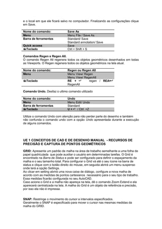 e o local em que ele ficará salvo no computador. Finalizando as configurações clique
em Save.
Nome do comando: Save As
Menu Menu File / Save As
Barra de ferramentas Standard/ Save
Standard annotation/ Save
Quick access Save
Teclado Ctrl + Shift + S
Comandos Regen e Regen All.
O comando Regen All regenera todos os objetos geométricos desenhados em todas
as Viewports. O Regen regenera todos os objetos geométricos na tela atual.
Nome do comando: Regen ou Regen All
Menu Menu View/ Regen
Menu View/ RegenAll
Teclado RE +  regen / REA+
RegenAll
Comando Undo. Desfaz o ultimo comando utilizado
Nome do comando: Undo
Menu Menu Edit/ Undo
Barra de ferramentas Standard
Teclado U + / Ctrl +Z
Utilize o comando Undo com atenção para não perder parte do desenho e também
não confunda o comando undo com a opção Undo apresentada durante a execução
de alguns comandos.
UE 1 CONCEITOS DE CAD E DE DESENHO MANUAL - RECURSOS DE
PRECISÃO E CAPTURA DE PONTOS GEOMÉTRICOS
GRID: Apresenta um padrão de malha na área de trabalho semelhante a uma folha de
papel quadriculada que pode auxiliar o usuário em determinadas tarefas. O Grid é
encontrado na Barra de Status e pode ser configurado para definir o espaçamento da
malha e o seu tamanho total. Para configurar o Grid vá até o seu ícone na barra de
status e clique com o botão direito do mouse, em seguida abrirá um menu suspenso
onde terá a opção Settings.
Ao clicar em setting abrirá uma nova caixa de diálogo, configure a nova malha de
acordo com as medidas de pontos cartesianos necessário para o seu tipo de trabalho.
Essa medidas ficarão configurada no seu AutoCAD.
Caso acione o Grid e a malha não apareça na tela, dê o comando Zoom Extend e ela
aparecerá centralizada na tela. A malha do Grid é um objeto de referência e precisão,
por isso ela não é impressa.
SNAP: Restringe o movimento do cursor a intervalos especificados.
Geralmente o SNAP é especificado para mover o cursor nas mesmas medidas da
malha do GRID.
 