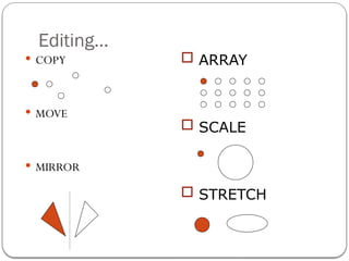 Editing…
 COPY
 MOVE
 MIRROR
 ARRAY
 SCALE
 STRETCH
 