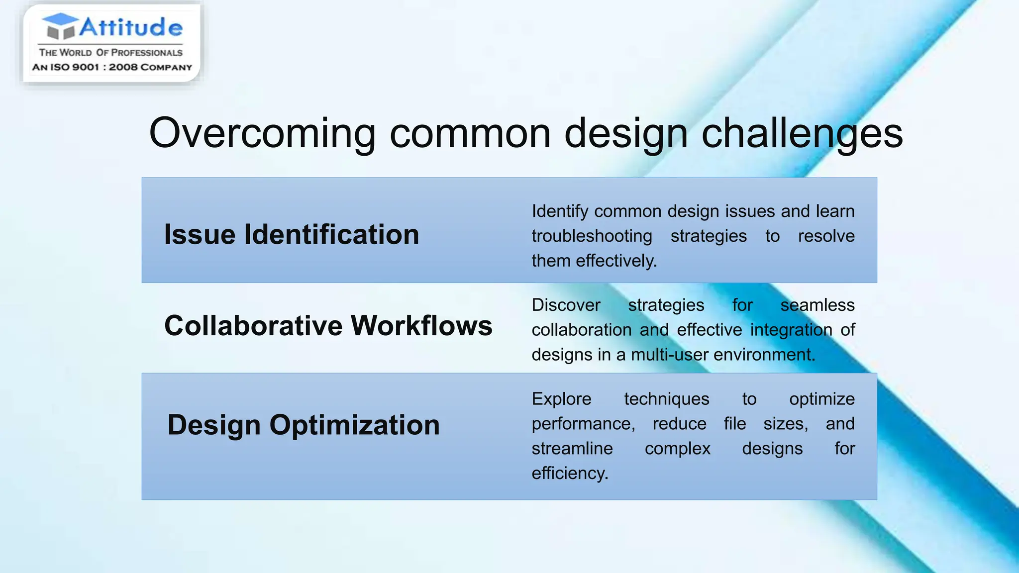 Overcoming common design challenges
Issue Identification
Identify common design issues and learn
troubleshooting strategies to resolve
them effectively.
Collaborative Workflows
Discover strategies for seamless
collaboration and effective integration of
designs in a multi-user environment.
Design Optimization
Explore techniques to optimize
performance, reduce file sizes, and
streamline complex designs for
efficiency.
 
