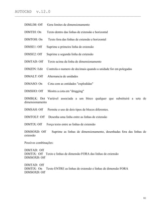 AUTOCAD v.12.0
_______________________________________________________________________________________________
DIMLIM: Off Gera limites de dimensionamento
DIMTIH: On Texto dentro das linhas de extensão e horizontal
DIMTOH: On Texto fora das linhas de extensão e horizontal
DIMSE1: Off Suprime a primeira linha de extensão
DIMSE2: Off Suprime a segunda linha de extensão
DIMTAD: Off Texto acima da linha de dimensionamento
DIMZIN: Edit Controla o numero de decimais quando a unidade for em polegadas
DIMALT: Off Alternancia de unidades
DIMASO: On Cota com as entidades "explodidas"
DIMSHO: Off Mostra a cota em "dragging"
DIMBLK: Dot Variável associada a um bloco qualquer que substituirá a seta de
dimensionamento
DIMSAH: Off Permite o uso de dois tipos de blocos diferentes.
DIMTOLF: Off Desenha uma linha entre as linhas de extensão
DIMTIX: Off Força texto entre as linhas de extensão
DIMSOXD: Off Suprime as linhas de dimensionamento, desenhadas fora das linhas de
extensão
Possíves combinações:
DIMTAD: Off
DIMTIX: Off Texto e linhas de dimensão FORA das linhas de extensão
DIMSOXD: Off
DIMTAD: Off
DIMTIX: On Texto ENTRE as linhas de extensão e linhas de dimensão FORA
DIMSOXD: Off
81
 