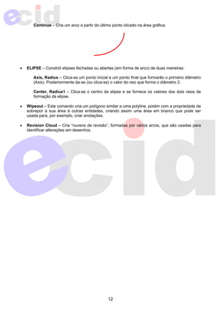 Continue – Cria um arco a partir do último ponto clicado na área gráfica. 
• ELIPSE – Constrói elipses fechadas ou abertas (em forma de arco) de duas maneiras: 
Axis, Radius – Clica-se um ponto inicial e um ponto final que formarão o primeiro diâmetro 
(Axis). Posteriormente da-se (ou clica-se) o valor do raio que forma o diâmetro 2. 
Center, Radius1 – Clica-se o centro da elipse e se fornece os valores dos dois raios de 
formação da elipse. 
• Wipeout – Este comando cria um polígono similar a uma polyline, porém com a propriedade de 
sobrepor a sua área à outras entidades, criando assim uma área em branco que pode ser 
usada para, por exemplo, criar anotações. 
• Revision Cloud – Cria “nuvens de revisão”, formadas por vários arcos, que são usadas para 
12 
identificar alterações em desenhos. 
 
