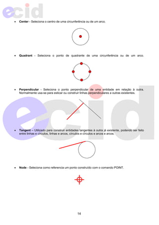 • Center - Seleciona o centro de uma circunferência ou de um arco. 
• Quadrant - Seleciona o ponto de quadrante de uma circunferência ou de um arco. 
• Perpendicular - Seleciona o ponto perpendicular de uma entidade em relação à outra. 
Normalmente usa-se para esticar ou construir linhas perpendiculares a outras existentes. 
• Tangent – Utilizado para construir entidades tangentes à outra já existente, podendo ser feito 
entre linhas e círculos, linhas e arcos, círculos e círculos e arcos e arcos. 
• Node - Seleciona como referencia um ponto construído com o comando POINT. 
14 
 