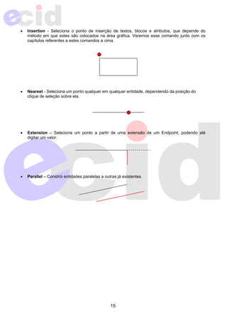 • Insertion - Seleciona o ponto de inserção de textos, blocos e atributos, que depende do 
método em que estes são colocados na área gráfica. Veremos esse comando junto com os 
capítulos referentes a estes comandos a cima. 
• Nearest - Seleciona um ponto qualquer em qualquer entidade, dependendo da posição do 
15 
clique de seleção sobre ela. 
• Extension – Seleciona um ponto a partir de uma extensão de um Endpoint, podendo até 
digitar um valor. 
• Parallel – Constrói entidades paralelas a outras já existentes. 
 