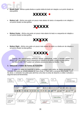 • Middle Right - Alinha a parte direita e a parte média do texto em relação a um ponto clicado na 
35 
área gráfica 
• Bottom Left - Alinha uma parte um pouco mais abaixo do texto e à esquerda e em relação a 
um ponto clicado na área gráfica. 
• Bottom Center - Alinha uma parte um pouco mais abaixo do texto e a esquerda em relação a 
um ponto clicado na área gráfica. 
• Bottom Right - Alinha uma parte um pouco mais abaixo do texto e a direita em de relação a 
um ponto clicado na área gráfica. 
Quando não selecionamos nenhuma dessas justificativas, então o formato padrão é o 
Bottom Left, que alinha o texto ã esquerda em relação a um ponto clicado na área gráfica. 
Os SIGLE LINE TEXT podem ser editados através do menu do Modify – Text. 
3. Utilizando o Editor de Textos do AutoCAD 
O editor de textos do AutoCAD é similar a qualquer outro editor de textos encontrado no 
mercado. Ele pode ser ativado através do menu Draw Æ Text, com o comando MULTILINE TEXT. 
Ao ativar, o comando nos pede para abrirmos uma área na área de desenho e então é ativada a 
seguinte barra de ferramentas: 
 