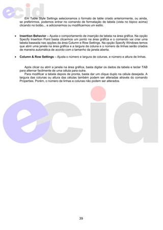 Em Table Style Settings selecionamos o formato de table criado anteriormente, ou ainda, 
se preferirmos, podemos entrar no comando de formatação de tabela (vista no tópico acima) 
clicando no botão... e adicionarmos ou modificarmos um estilo. 
• Insertion Behavior – Ajusta o comportamento de inserção da tabela na área gráfica. Na opção 
Specify Insertion Point basta clicarmos um ponto na área gráfica e o comando vai criar uma 
tabela baseada nas opções da área Column e Row Settings. Na opção Specify Windows temos 
que abrir uma janela na área gráfica e a largura da coluna e o número de linhas serão criados 
de maneira automática de acordo com o tamanho da janela aberta. 
• Column & Row Settings – Ajusta o número e largura de colunas, e número e altura de linhas. 
Após clicar ou abrir a janela na área gráfica, basta digitar os dados da tabela e teclar TAB 
para alternar facilmente de uma célula para outra. 
Para modificar a tabela depois de pronta, basta dar um clique duplo na célula desejada. A 
largura das colunas ou altura das células também podem ser alteradas através do comando 
Properties. Porém, o número de linhas e colunas não podem ser alterados. 
39 
 