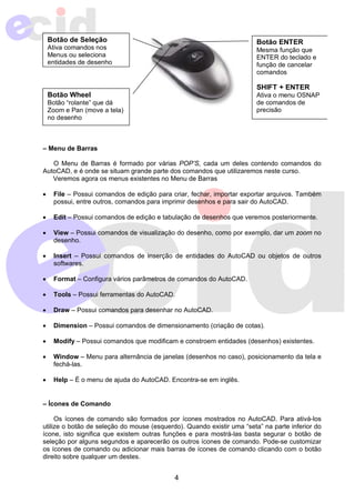 4 
Botão de Seleção 
Ativa comandos nos 
Menus ou seleciona 
entidades de desenho 
Botão Wheel 
Botão “rolante” que dá 
Zoom e Pan (move a tela) 
no desenho 
– Menu de Barras 
Botão ENTER 
Mesma função que 
ENTER do teclado e 
função de cancelar 
comandos 
SHIFT + ENTER 
Ativa o menu OSNAP 
de comandos de 
precisão 
O Menu de Barras é formado por várias POP’S, cada um deles contendo comandos do 
AutoCAD, e é onde se situam grande parte dos comandos que utilizaremos neste curso. 
Veremos agora os menus existentes no Menu de Barras 
• File – Possui comandos de edição para criar, fechar, importar exportar arquivos. Também 
possui, entre outros, comandos para imprimir desenhos e para sair do AutoCAD. 
• Edit – Possui comandos de edição e tabulação de desenhos que veremos posteriormente. 
• View – Possui comandos de visualização do desenho, como por exemplo, dar um zoom no 
desenho. 
• Insert – Possui comandos de inserção de entidades do AutoCAD ou objetos de outros 
softwares. 
• Format – Configura vários parâmetros de comandos do AutoCAD. 
• Tools – Possui ferramentas do AutoCAD. 
• Draw – Possui comandos para desenhar no AutoCAD. 
• Dimension – Possui comandos de dimensionamento (criação de cotas). 
• Modify – Possui comandos que modificam e constroem entidades (desenhos) existentes. 
• Window – Menu para alternância de janelas (desenhos no caso), posicionamento da tela e 
fechá-las. 
• Help – É o menu de ajuda do AutoCAD. Encontra-se em inglês. 
– Ícones de Comando 
Os ícones de comando são formados por ícones mostrados no AutoCAD. Para ativá-los 
utilize o botão de seleção do mouse (esquerdo). Quando existir uma “seta” na parte inferior do 
ícone, isto significa que existem outras funções e para mostrá-las basta segurar o botão de 
seleção por alguns segundos e aparecerão os outros ícones de comando. Pode-se customizar 
os ícones de comando ou adicionar mais barras de ícones de comando clicando com o botão 
direito sobre qualquer um destes. 
 
