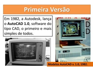 Em 1982, a Autodesk, lança
o AutoCAD 1.0, software do
tipo CAD, o primeiro e mais
simples de todos.
Primeira Versão
Modelos AutoCAD v. 1.0, 1982.
 