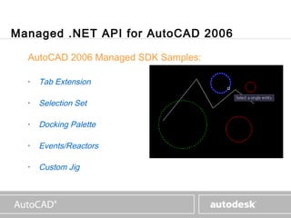www.autodesk.com




Managed .NET API for AutoCAD 2006

  AutoCAD 2006 Managed SDK Samples:

  •   Tab Extension

  •   Selection Set

  •   Docking Palette

  •   Events/Reactors

  •   Custom Jig
 