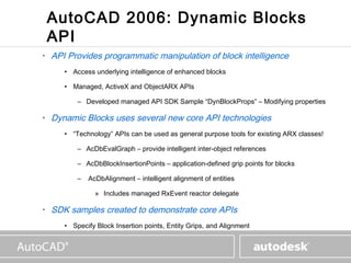 www.autodesk.com
 AutoCAD 2006: Dynamic Blocks
 API
• API Provides programmatic manipulation of block intelligence
     • Access underlying intelligence of enhanced blocks

     • Managed, ActiveX and ObjectARX APIs

         – Developed managed API SDK Sample “DynBlockProps” – Modifying properties

• Dynamic Blocks uses several new core API technologies
     • “Technology” APIs can be used as general purpose tools for existing ARX classes!

         – AcDbEvalGraph – provide intelligent inter-object references

         – AcDbBlockInsertionPoints – application-defined grip points for blocks

         –   AcDbAlignment – intelligent alignment of entities

               » Includes managed RxEvent reactor delegate

• SDK samples created to demonstrate core APIs
     • Specify Block Insertion points, Entity Grips, and Alignment
 