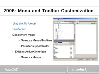 www.autodesk.com



2006: Menu and Toolbar Customization

   Only the file format
   Is different…
   Deployment model

        • Same as Menus/Toolbars

        • Per-user support folder

   • Existing ActiveX interface

        • Same as always
 