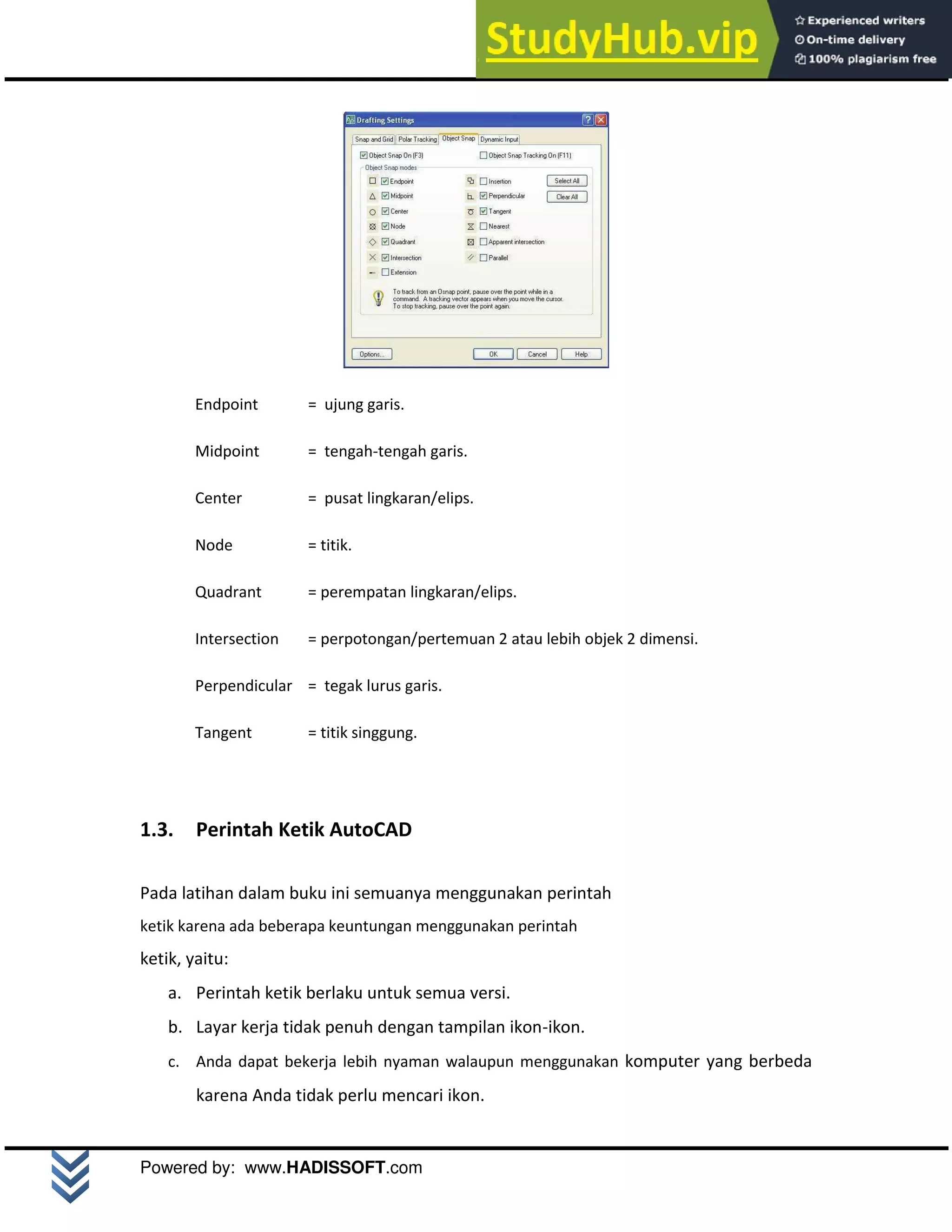 M o d u l A u t o C A D 2 D | 3
Powered by: www.HADISSOFT.com
Endpoint = ujung garis.
Midpoint = tengah-tengah garis.
Center = pusat lingkaran/elips.
Node = titik.
Quadrant = perempatan lingkaran/elips.
Intersection = perpotongan/pertemuan 2 atau lebih objek 2 dimensi.
Perpendicular = tegak lurus garis.
Tangent = titik singgung.
1.3. Perintah Ketik AutoCAD
Pada latihan dalam buku ini semuanya menggunakan perintah
ketik karena ada beberapa keuntungan menggunakan perintah
ketik, yaitu:
a. Perintah ketik berlaku untuk semua versi.
b. Layar kerja tidak penuh dengan tampilan ikon-ikon.
c. Anda dapat bekerja lebih nyaman walaupun menggunakan komputer yang berbeda
karena Anda tidak perlu mencari ikon.
 