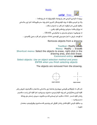 ٧٩
Modify
Erase
ERASE
erase
Removes objects from a drawing
Toolbar: Modify
Menu: Modify Erase
Shortcut menu: Select the objects to erase, right-click in the
drawing area, and click Erase.
Command entry: erase
Select objects: Use an object selection method and press
ENTER when you finish selecting objects
The objects are removed from the drawing.
erase
 