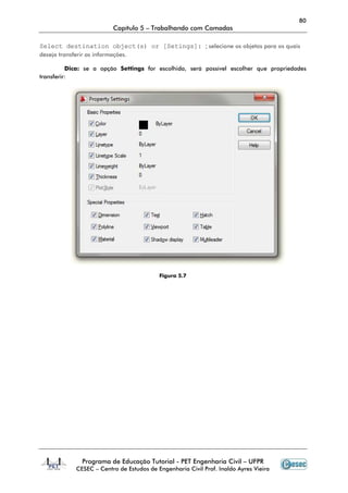 80
Capítulo 5 – Trabalhando com Camadas
Programa de Educação Tutorial - PET Engenharia Civil – UFPR
CESEC – Centro de Estudos de Engenharia Civil Prof. Inaldo Ayres Vieira
Select destination object(s) or [Setings]: ; selecione os objetos para os quais
deseja transferir as informações.
Dica: se a opção Settings for escolhida, será possível escolher que propriedades
transferir:
Figura 5.7
 