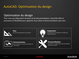 AutoCAD: Optimisation du designOptimisation du designPour ceux qui dépendent de plans et de documentations, AutoCAD offre la puissance et flexibilité pour apporter leurs plans et documentations plus loin.ExplorationAutoCAD permet d’explorer vos idées peu importe la forme.Plan25 ans d’innovation dans le domainePersonnalisationAutoCAD est configurable et personnalisable de plusieurs façons.CommunicationAvec AutoCADil est facile de partager de l’information