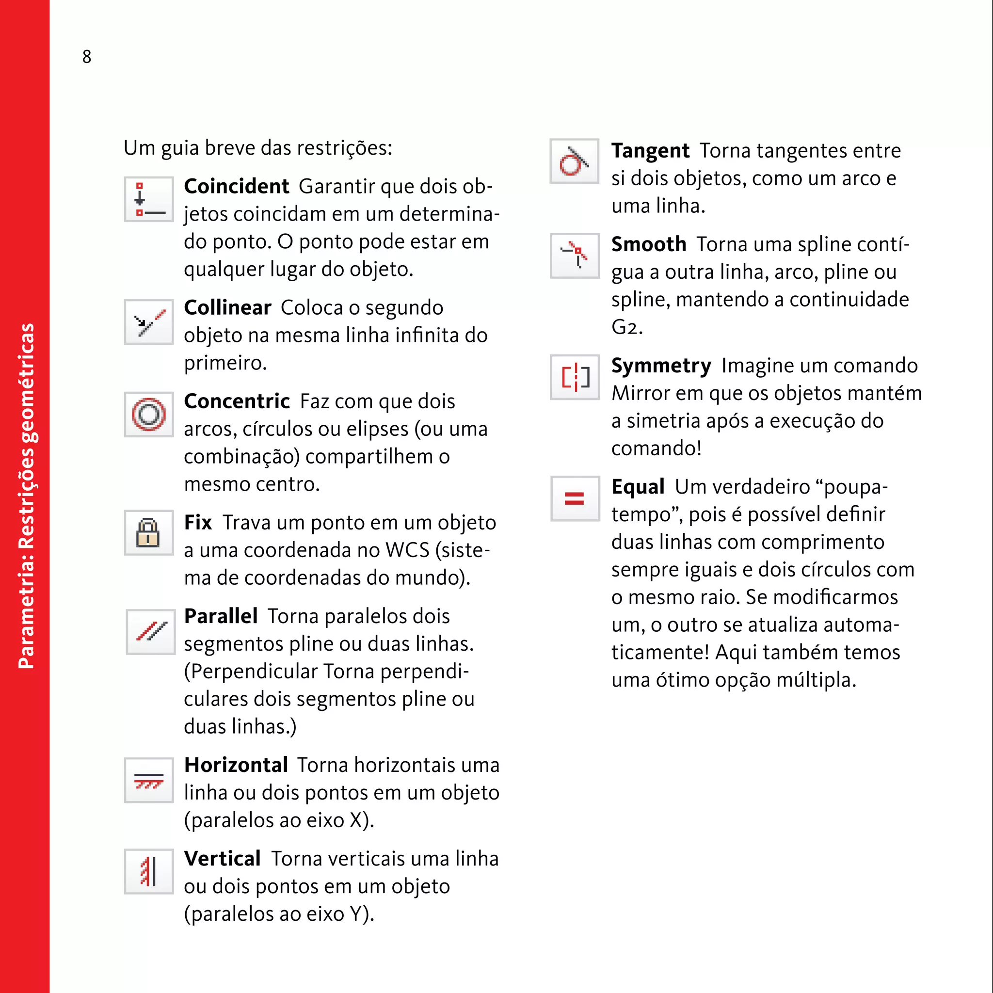 Parametria: Restrições geométricas 
8 
Um guia breve das restrições: 
Coincident Garantir que dois ob-jetos 
coincidam em um determina-do 
ponto. O ponto pode estar em 
qualquer lugar do objeto. 
Collinear Coloca o segundo 
objeto na mesma linha infinita do 
primeiro. 
Concentric Faz com que dois 
arcos, círculos ou elipses (ou uma 
combinação) compartilhem o 
mesmo centro. 
Fix Trava um ponto em um objeto 
a uma coordenada no WCS (siste-ma 
de coordenadas do mundo). 
Parallel Torna paralelos dois 
segmentos pline ou duas linhas. 
(Perpendicular Torna perpendi-culares 
dois segmentos pline ou 
duas linhas.) 
Horizontal Torna horizontais uma 
linha ou dois pontos em um objeto 
(paralelos ao eixo X). 
Vertical Torna verticais uma linha 
ou dois pontos em um objeto 
(paralelos ao eixo Y). 
Tangent Torna tangentes entre 
si dois objetos, como um arco e 
uma linha. 
Smooth Torna uma spline contí-gua 
a outra linha, arco, pline ou 
spline, mantendo a continuidade 
G2. 
Symmetry Imagine um comando 
Mirror em que os objetos mantém 
a simetria após a execução do 
comando! 
Equal Um verdadeiro “poupa-tempo”, 
pois é possível definir 
duas linhas com comprimento 
sempre iguais e dois círculos com 
o mesmo raio. Se modificarmos 
um, o outro se atualiza automa-ticamente! 
Aqui também temos 
uma ótimo opção múltipla. 
 