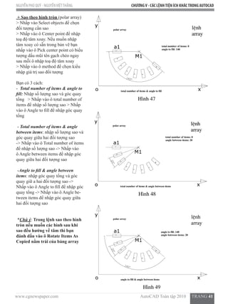 www.cgnewspaper.com                                                                        AutoCAD Toàn tập 2010     TRANG 41
NGUYỄN PHÚ QUÝ - NGUYỄNVIỆTTHẮNG CHƯƠNGV - CÁC LỆNHTIỆN ÍCH KHÁCTRONG AUTOCAD
+ Sao theo hình tròn (polar array)
> Nhấp vào Select objects để chọn
đối tượng cần sao  
> Nhấp vào ô Center point để nhập
toạ độ tâm xoay. Nếu muốn nhập
tâm xoay có sẵn trong bản vẽ bạn
nhấp vào ô Pick center point có biểu
tượng dấu mũi tên gạch chéo ngay
sau mỗi ô nhập toạ độ tâm xoay
> Nhấp vào ô method để chọn kiểu
nhập giá trị sao đối tượng
Bạn có 3 cách:
-  Total number of items & angle to
fill: Nhập số lượng sao và góc quay
tổng   > Nhấp vào ô total number of
items để nhập số lượng sao > Nhấp
vào ô Angle to fill để nhập góc quay
tổng
- Total number of items & angle
between items: nhập số lượng sao và
góc quay giữa hai đối tượng sao
-> Nhấp vào ô Total number of items
để nhập số lượng sao -> Nhấp vào
ô Angle between items để nhập góc
quay giữa hai đối tượng sao
-Angle to fill & angle between
items: nhập góc quay tổng và góc
quay giữ a hai đối tượng sao ->
Nhấp vào ô Angle to fill để nhập góc
quay tổng -> Nhấp vào ô Angle be-
tween items để nhập góc quay giữa
hai đối tượng sao
*Chú ý: Trong lệnh sao theo hình
tròn nếu muốn các hình sau khi
sao đều hướng về tâm thì bạn
đánh dấu vào ô Rotate Items As
Copied nằm trái của bảng array
 