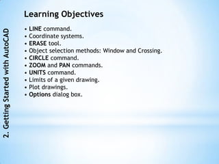 Learning Objectives
                                  • LINE command.
2. Getting Started with AutoCAD



                                  • Coordinate systems.
                                  • ERASE tool.
                                  • Object selection methods: Window and Crossing.
                                  • CIRCLE command.
                                  • ZOOM and PAN commands.
                                  • UNITS command.
                                  • Limits of a given drawing.
                                  • Plot drawings.
                                  • Options dialog box.
 