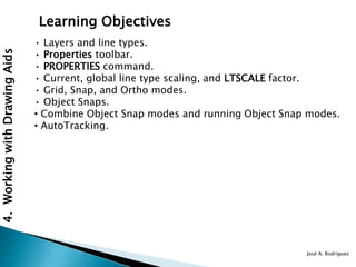 Learning Objectives
                               • Layers and line types.
                               • Properties toolbar.
4. Working with Drawing Aids



                               • PROPERTIES command.
                               • Current, global line type scaling, and LTSCALE factor.
                               • Grid, Snap, and Ortho modes.
                               • Object Snaps.
                               • Combine Object Snap modes and running Object Snap modes.
                               • AutoTracking.




                                                                                  José A. Rodriguez
 