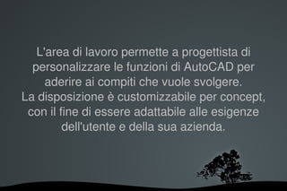 L'area di lavoro permette a progettista di 
  personalizzare le funzioni di AutoCAD per 
     aderire ai compiti che vuole svolgere.
La disposizione è customizzabile per concept, 
 con il fine di essere adattabile alle esigenze 
         dell'utente e della sua azienda.




                   
 