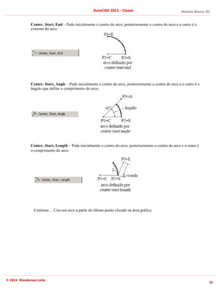 Módulo Básico 2D
28
AutoCAD 2013 - Classic
© 2014 Wanderson Leite
Center, Start, End – Pede inicialmente o centro do arco, posteriormente o centro do arco e o outro é o
extremo do arco.
Center, Start, Angle – Pede inicialmente o centro do arco, posteriormente o centro do arco e o outro é o
ângulo que define o comprimento do arco.
Center, Start, Length – Pede inicialmente o centro do arco, posteriormente o centro do arco e o outro é
o comprimento do arco.
Continue... Cria um arco a partir do último ponto clicado na área gráfica.
 