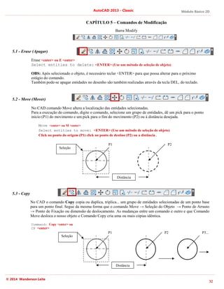 Módulo Básico 2D
32
AutoCAD 2013 - Classic
© 2014 Wanderson Leite
CAPÍTULO 5 – Comandos de Modificação
Barra Modify
5.1 - Erase (Apagar)
Erase <enter> ou E <enter>
Select entities to delete: <ENTER> (Use um método de seleção de objeto)
OBS: Após selecionado o objeto, é necessário teclar <ENTER> para que possa alterar para o próximo
estágio do comando.
Também pode-se apagar entidades no desenho são também realizadas através da tecla DEL, do teclado.
5.2 - Move (Mover)
No CAD comando Move altera a localização das entidades selecionadas.
Para a execução do comando, digite o comando, selecione um grupo de entidades, dê um pick para o ponto
início (P1) do movimento e um pick para o fim do movimento (P2) ou à distância desejada.
Move <enter> ou M <enter>
Select entities to move: <ENTER> (Use um método de seleção de objeto)
Click no ponto do origem (P1) click no ponto de destino (P2) ou a distância.
5.3 - Copy
No CAD o comando Copy copia ou duplica, triplica... um grupo de entidades selecionadas de um ponto base
para um ponto final. Segue da mesma forma que o comando Move → Seleção do Objeto → Ponto de Arrasto
→ Ponto de Fixação ou dimensão de deslocamento. As mudanças entre um comando e outro e que Comando
Move desloca o nosso objeto e Comando Copy cria uma ou mais cópias idêntica.
Command: Copy <enter> ou
CP <enter>
Distância
P1 P2
Seleção
Distância
P1 P2
Seleção
P3...
 