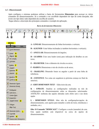 Módulo Básico 2D
46
AutoCAD 2013 - Classic
© 2014 Wanderson Leite
6.2 - Dimensionando
Após configura o sistemas podemos utilizar a barra de ferramentas Dimension para acessar os vários
comandos de dimensionamento. Já o comando a ser escolhido dependerá do tipo de conta desejada, não
existe um tipo ideal, tudo dependerá da escolha do usuário.
Segue abaixo a descrição dos principais comandos e exemplo de aplicação.
Barra de ferramentas Dimension
A - LINEAR: Dimensionamento de linhas horizontais e verticais;
B - ALIGNED: Cotar linhas inclinadas (e também horizontais e verticais);
C - ANGULAR: Dimensionamento de ângulos;
D - LEADER: Criar uma leader (seta) para indicação de detalhes ou um
texto;
E – DIAMETER: Cota o diâmetro de círculos ou arcos;
F - RADIUS: Dimensiona o raio de círculos ou de arcos;
G - BASELINE: Dimensão linear ou angular a partir de uma linha de
referência;
H - CONTINUE: Faz cotas em sequência (a próxima começa no final da
anterior);
J – EDIT DIMENSION TEXT – Edita texto da cota.
K – UPDATE: Atualiza as configurações realizadas na tela de
configurações de dimensionamento sobre as dimensões selecionadas.
ATENÇÃO: nenhuma das opções alteradas surte efeito sem o uso desta
opção
L - DIMENSION STYLE: Abre tela de configurações/opções de
dimensionamento, com opções para tamanho e estilo do texto, tolerâncias e
unidades, etc.;
Obs: O Comando "DIMSCALE": Configura a escala (tamanho) da cota.
Esta opção também está disponível na caixa de opções de
dimensionamento.
A B C G H K
D
J L
A
B
E
F
C
G
H
D
K
MENU
E
F
L
 
