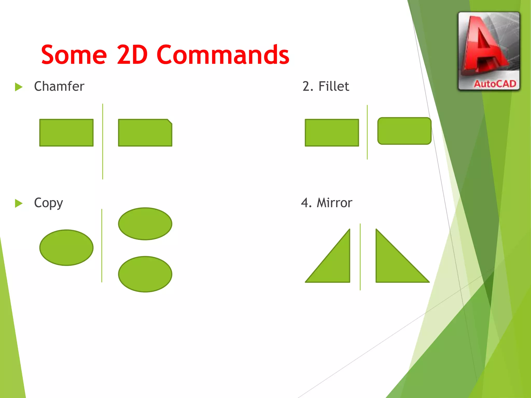Some 2D Commands
 Chamfer 2. Fillet
 Copy 4. Mirror
 
