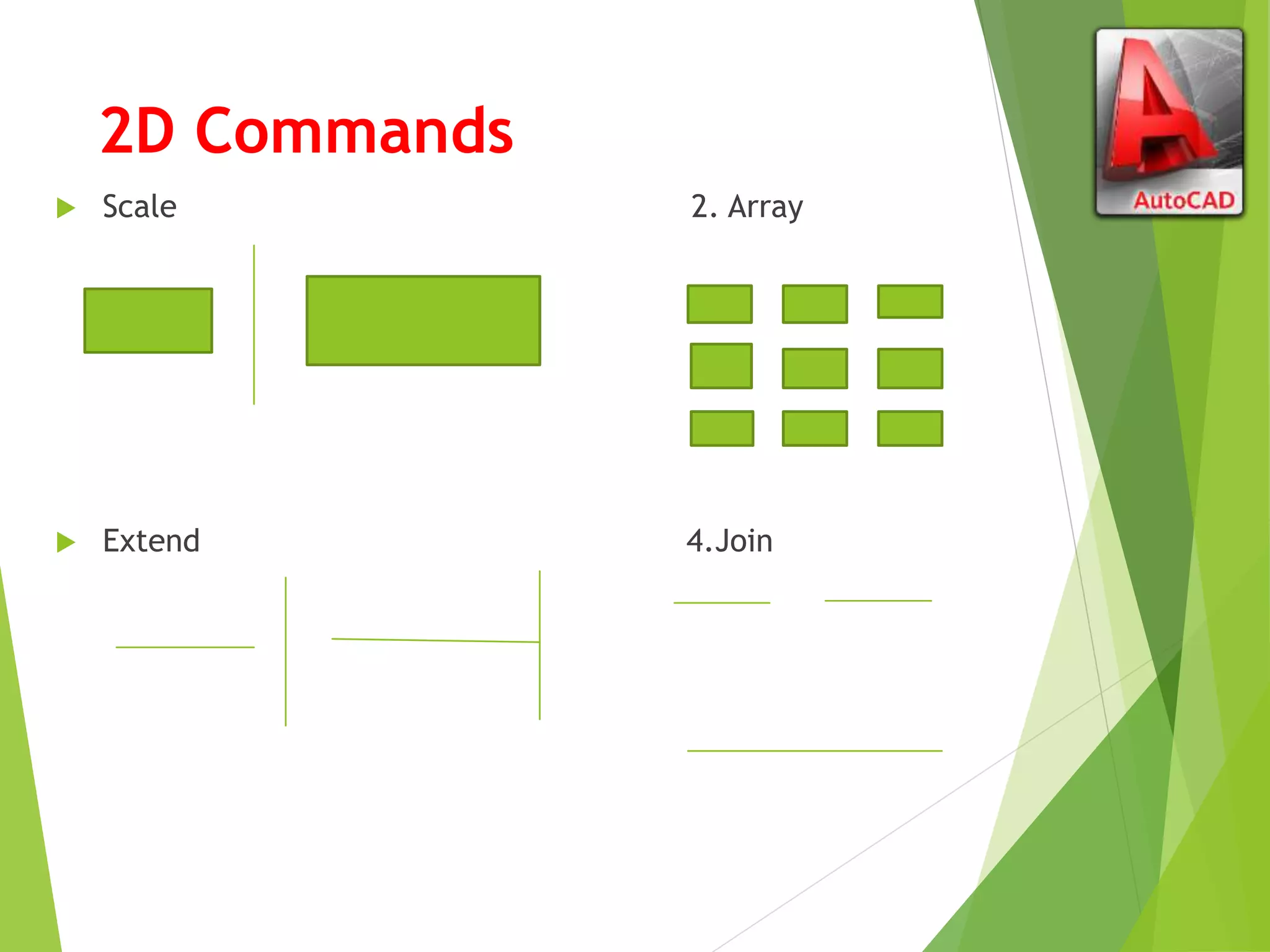 2D Commands
 Scale 2. Array
 Extend 4.Join
 