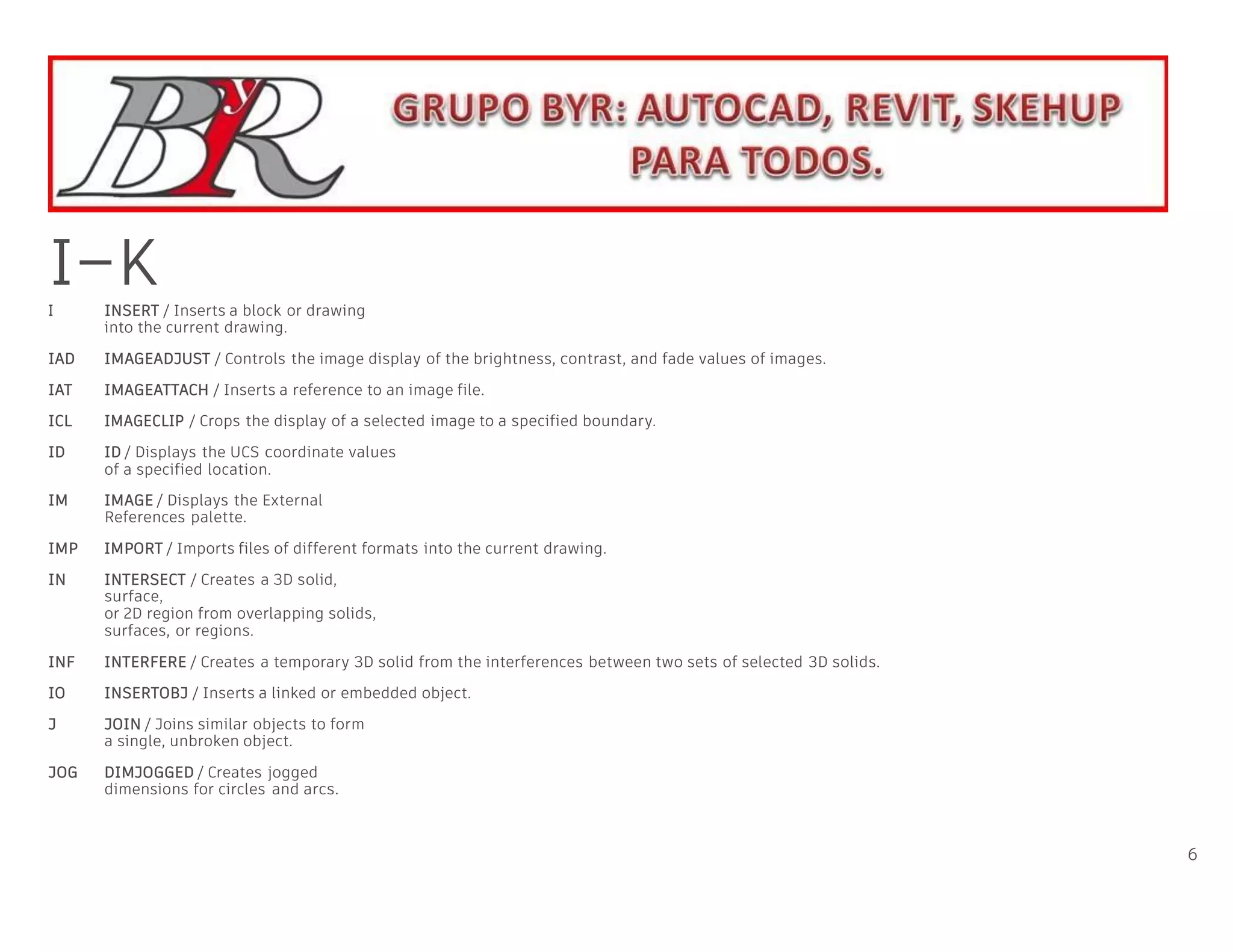 I–K
I INSERT / Inserts a block or drawing
into the current drawing.
IAD IMAGEADJUST / Controls the image display of the brightness, contrast, and fade values of images.
IAT IMAGEATTACH / Inserts a reference to an image file.
ICL IMAGECLIP / Crops the display of a selected image to a specified boundary.
ID ID / Displays the UCS coordinate values
of a specified location.
IM IMAGE / Displays the External
References palette.
IMP IMPORT / Imports files of different formats into the current drawing.
IN INTERSECT / Creates a 3D solid,
surface,
or 2D region from overlapping solids,
surfaces, or regions.
INF INTERFERE / Creates a temporary 3D solid from the interferences between two sets of selected 3D solids.
IO INSERTOBJ / Inserts a linked or embedded object.
J JOIN / Joins similar objects to form
a single, unbroken object.
JOG DIMJOGGED / Creates jogged
dimensions for circles and arcs.
6
HOT KEYS A–Z
 