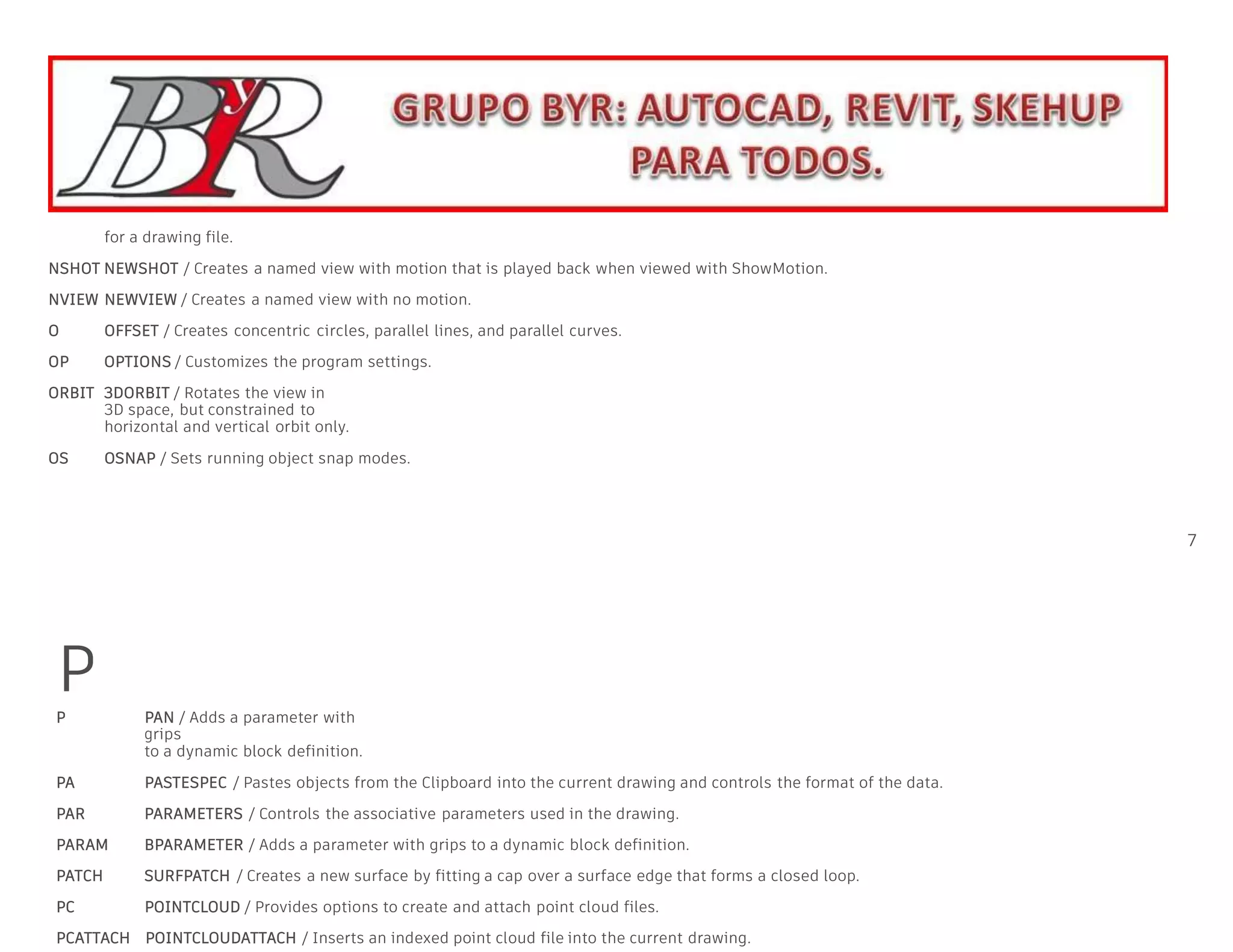 for a drawing file.
NSHOT NEWSHOT / Creates a named view with motion that is played back when viewed with ShowMotion.
NVIEW NEWVIEW / Creates a named view with no motion.
O OFFSET / Creates concentric circles, parallel lines, and parallel curves.
OP OPTIONS / Customizes the program settings.
ORBIT 3DORBIT / Rotates the view in
3D space, but constrained to
horizontal and vertical orbit only.
OS OSNAP / Sets running object snap modes.
7
HOT KEYS A–Z
P
P PAN / Adds a parameter with
grips
to a dynamic block definition.
PA PASTESPEC / Pastes objects from the Clipboard into the current drawing and controls the format of the data.
PAR PARAMETERS / Controls the associative parameters used in the drawing.
PARAM BPARAMETER / Adds a parameter with grips to a dynamic block definition.
PATCH SURFPATCH / Creates a new surface by fitting a cap over a surface edge that forms a closed loop.
PC POINTCLOUD / Provides options to create and attach point cloud files.
PCATTACH POINTCLOUDATTACH / Inserts an indexed point cloud file into the current drawing.
 