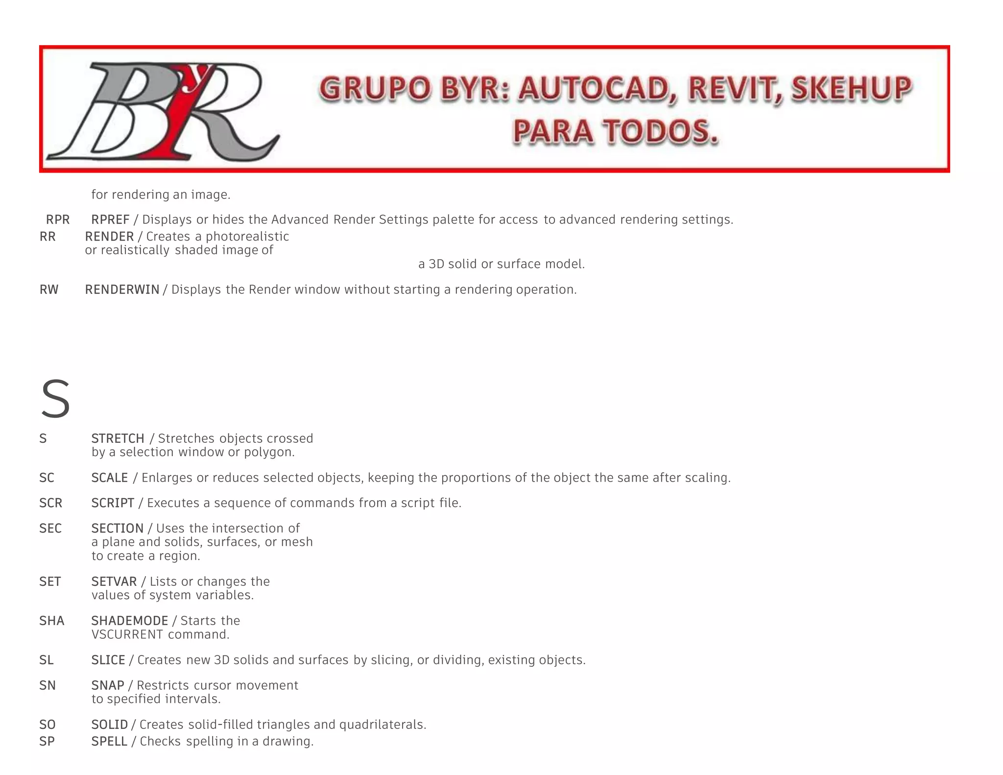 for rendering an image.
RPR RPREF / Displays or hides the Advanced Render Settings palette for access to advanced rendering settings.
RR RENDER / Creates a photorealistic
or realistically shaded image of
a 3D solid or surface model.
RW RENDERWIN / Displays the Render window without starting a rendering operation.
S
S STRETCH / Stretches objects crossed
by a selection window or polygon.
SC SCALE / Enlarges or reduces selected objects, keeping the proportions of the object the same after scaling.
SCR SCRIPT / Executes a sequence of commands from a script file.
SEC SECTION / Uses the intersection of
a plane and solids, surfaces, or mesh
to create a region.
SET SETVAR / Lists or changes the
values of system variables.
SHA SHADEMODE / Starts the
VSCURRENT command.
SL SLICE / Creates new 3D solids and surfaces by slicing, or dividing, existing objects.
SN SNAP / Restricts cursor movement
to specified intervals.
SO SOLID / Creates solid-filled triangles and quadrilaterals.
SP SPELL / Checks spelling in a drawing.
 