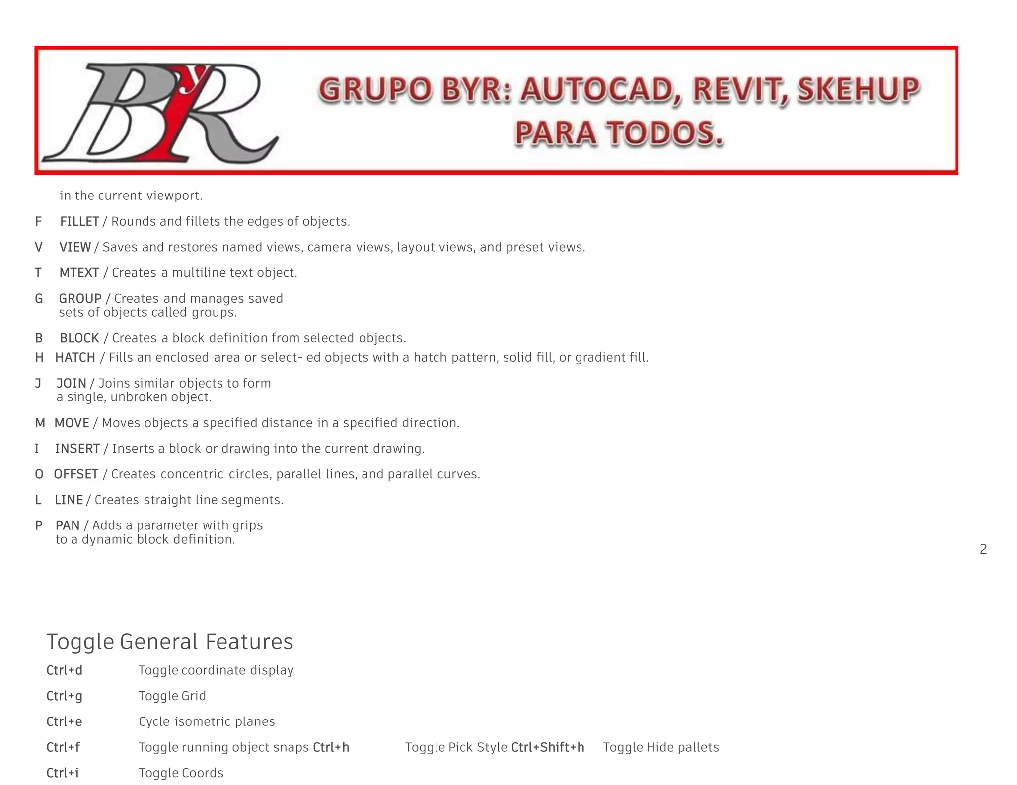 in the current viewport.
F FILLET / Rounds and fillets the edges of objects.
V VIEW / Saves and restores named views, camera views, layout views, and preset views.
T MTEXT / Creates a multiline text object.
G GROUP / Creates and manages saved
sets of objects called groups.
B BLOCK / Creates a block definition from selected objects.
H HATCH / Fills an enclosed area or select- ed objects with a hatch pattern, solid fill, or gradient fill.
J JOIN / Joins similar objects to form
a single, unbroken object.
M MOVE / Moves objects a specified distance in a specified direction.
I INSERT / Inserts a block or drawing into the current drawing.
O OFFSET / Creates concentric circles, parallel lines, and parallel curves.
L LINE / Creates straight line segments.
P PAN / Adds a parameter with grips
to a dynamic block definition.
2
TOGGLES AND SCREEN MANAGEMENT
Toggle General Features
Ctrl+d Toggle coordinate display
Ctrl+g Toggle Grid
Ctrl+e Cycle isometric planes
Ctrl+f Toggle running object snaps Ctrl+h Toggle Pick Style Ctrl+Shift+h Toggle Hide pallets
Ctrl+i Toggle Coords
 