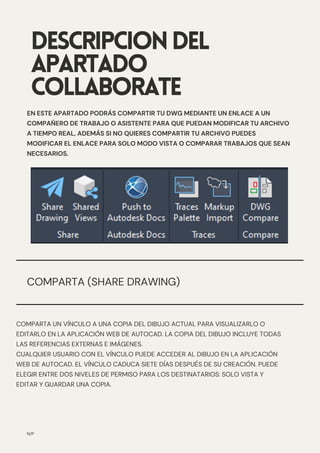 COMPARTA (SHARE DRAWING)
DESCRIPCIONDEL
APARTADO
COLLABORATE
EN ESTE APARTADO PODRÁS COMPARTIR TU DWG MEDIANTE UN ENLACE A UN
COMPAÑERO DE TRABAJO O ASISTENTE PARA QUE PUEDAN MODIFICAR TU ARCHIVO
A TIEMPO REAL, ADEMÁS SI NO QUIERES COMPARTIR TU ARCHIVO PUEDES
MODIFICAR EL ENLACE PARA SOLO MODO VISTA O COMPARAR TRABAJOS QUE SEAN
NECESARIOS.
N/P
COMPARTA UN VÍNCULO A UNA COPIA DEL DIBUJO ACTUAL PARA VISUALIZARLO O
EDITARLO EN LA APLICACIÓN WEB DE AUTOCAD. LA COPIA DEL DIBUJO INCLUYE TODAS
LAS REFERENCIAS EXTERNAS E IMÁGENES.
CUALQUIER USUARIO CON EL VÍNCULO PUEDE ACCEDER AL DIBUJO EN LA APLICACIÓN
WEB DE AUTOCAD. EL VÍNCULO CADUCA SIETE DÍAS DESPUÉS DE SU CREACIÓN. PUEDE
ELEGIR ENTRE DOS NIVELES DE PERMISO PARA LOS DESTINATARIOS: SOLO VISTA Y
EDITAR Y GUARDAR UNA COPIA.
 
