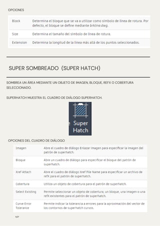 SOMBREA UN ÁREA MEDIANTE UN OBJETO DE IMAGEN, BLOQUE, REFX O COBERTURA
SELECCIONADO.
SUPERHATCH MUESTRA EL CUADRO DE DIÁLOGO SUPERHATCH.
N/P
SUPER SOMBREADO (SUPER HATCH)
OPCIONES
OPCIONES DEL CUADRO DE DIÁLOGO
 