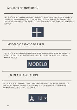 MODELO O ESPACIO DE PAPEL
N/P
MONITOR DE ANOTACIÓN
ESTE BOTÓN SE UTILIZA PARA ENCENDER O APAGAR EL MONITOR DE ANOTACIÓN. EL MONITOR
DE ANOTACIONES COMPRUEBA SI LAS ANOTACIONES ESTÁN ADHERIDOS A SUS RESPECTIVOS
OBJETOS. CUANDO UNA ANOTACIÓN NO ES UNIDA A CUALQUIER OBJETO, MUESTRA UN MENSAJE
DE ERROR.
ESTE BOTÓN SE USA PARA CAMBIAR ENTRE EL ESPACIO MODELO Y EL ESPACIO DE PAPEL. EL
ESPACIO MODELO SE UTILIZA PARA CREAR DIBUJOS Y ESPACIO DE PAPEL SE UTILIZA PARA
IMPRIMIR DIBUJOS
ESCALA DE ANOTACIÓN
ESTE BOTÓN SE UTILIZA PARA CONTROLAR EL TAMAÑO DE LOS OBJETOS ANOTATIVOS. LOS
OBJETOS ANOTATIVOS SON COTAS, TEXTOS, NOTAS Y OTROS OBJETOS QUE SE PUEDEN
DIMENSIONAR SEGÚN LA ESCALA DEL DIBUJO.
 