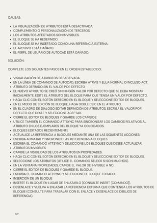 VISUALIZACIÓN DE ATRIBUTOS DESACTIVADA
EN LA LÍNEA DE COMANDO DE AUTOCAD, ESCRIBA ATRVIS Y ELIJA NORMAL O INCLUSO ACT.
ATRIBUTO DEFINIDO SIN EL VALOR POR DEFECTO
EL NUEVO ATRIBUTO SE CREÓ SIN NINGÚN VALOR POR DEFECTO QUE SE DEBA MOSTRAR
INICIALMENTE. EDITE EL ATRIBUTO DEL BLOQUE PARA QUE TENGA UN VALOR POR DEFECTO.
HAGA CLIC CON EL BOTÓN DERECHO EN EL BLOQUE Y SELECCIONE EDITOR DE BLOQUES.
EN EL MODO DE EDICIÓN DE BLOQUE, HAGA DOBLE CLIC EN EL ATRIBUTO.
EN EL CUADRO DE DIÁLOGO EDITAR DEFINICIÓN DE ATRIBUTOS, ESCRIBA EL VALOR POR
DEFECTO QUE DESEE Y SELECCIONE ACEPTAR.
CIERRE EL EDITOR DE BLOQUES Y GUARDE LOS CAMBIOS.
UTILICE TAMBIÉN EL COMANDO ATTSYNC PARA SINCRONIZAR LOS CAMBIOS RELATIVOS AL
ATRIBUTO EN LOS EJEMPLARES DEL BLOQUE YA COLOCADOS.
BLOQUES EDITADOS RECIENTEMENTE
ACTUALICE LA REFERENCIA A BLOQUES MEDIANTE UNA DE LAS SIGUIENTES ACCIONES:
ESCRIBA ADMATRB Y SINCRONICE LAS REFERENCIAS A BLOQUES.
ESCRIBA EL COMANDO ATTSYNC Y SELECCIONE LOS BLOQUES QUE DESEE ACTUALIZAR.
ATRIBUTOS INVISIBLES
CAMBIE LA VISIBILIDAD DE LOS ATRIBUTOS EN PROPIEDADES.
HAGA CLIC CON EL BOTÓN DERECHO EN EL BLOQUE Y SELECCIONE EDITOR DE BLOQUES.
SELECCIONE LOS ATRIBUTOS (UTILICE EL COMANDO SELECR SI SON MUCHOS).
EN LA VENTANA PROPIEDADES, CAMBIE EL VALOR DE INVISIBLE A NO.
CIERRE EL EDITOR DE BLOQUES Y GUARDE EL BLOQUE.
ESCRIBA EL COMANDO ATTSYNC Y SELECCIONE EL BLOQUE EDITADO.
INSERCIÓN DE UN BLOQUE
INSERTE EL BLOQUE EN LUGAR DE ENLAZARLO (CONSULTE INSERT [COMANDO]).
DESENLACE Y VUELVA A ENLAZAR LA REFERENCIA EXTERNA QUE CONTENGA LOS ATRIBUTOS DE
BLOQUE (CONSULTE PARA TRABAJAR CON EL ENLACE Y DESENLACE DE DIBUJOS DE
REFERENCIA).
SOLUCIÓN:
COMPLETE LOS SIGUIENTES PASOS EN EL ORDEN ESTABLECIDO:
N/P
LA VISUALIZACIÓN DE ATRIBUTOS ESTÁ DESACTIVADA.
COMPLEMENTO O PERSONALIZACIÓN DE TERCEROS.
LOS ATRIBUTOS AFECTADOS SON INVISIBLES.
EL BLOQUE SE HA REDEFINIDO.
EL BLOQUE SE HA INSERTADO COMO UNA REFERENCIA EXTERNA.
EL ARCHIVO ESTÁ DAÑADO.
EL PERFIL DE USUARIO DE AUTOCAD ESTÁ DAÑADO.
CAUSAS:
 